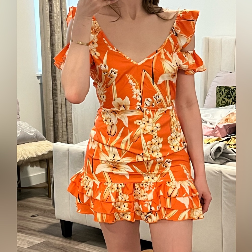 PrettyLittleThing orange ruffle hem dress